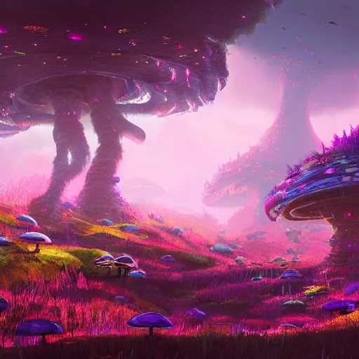 Image similar to concept art painting of a fantasy alien fungal landscape at night, magenta trees, glowing blue mushrooms, village of houses made of mushrooms, dark purple sky, realistic, detailed, cel shaded, in the style of makoto shinkai and greg rutkowski and albert bierstadt and james gurney