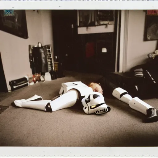 Image similar to Polaroid photo, cinematic tone, A stormtrooper lying on their backs on the floor, cluttered 80s American room, liquor bottles and clothes scattered on the floor