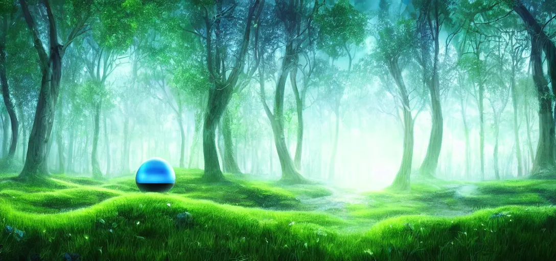 Prompt: beautiful glowing forest, white city far away, blue sky, alien round shape, green plants, futuristic, magical feeling, detailed, digital art