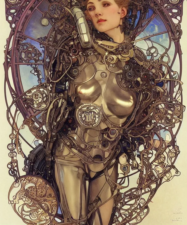 Image similar to realistic detailed portrait of a humanoid mecha cyberpunk! goddess by Alphonse Mucha and Charlie Bowater and art germ, rule of thirds, golden ratio, Art Nouveau! cyberpunk! style, mechanical accents!, mecha plate armor, realistic human arms, flowing wires with leaves, art nouveau accents, art nouveau patterns and geometry, rich deep moody colors