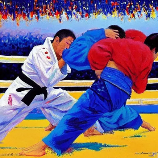 Prompt: masahiko kimura by leroy neiman, intricate, ultra detailed painting, atmospheric lighting, judo, golden hour