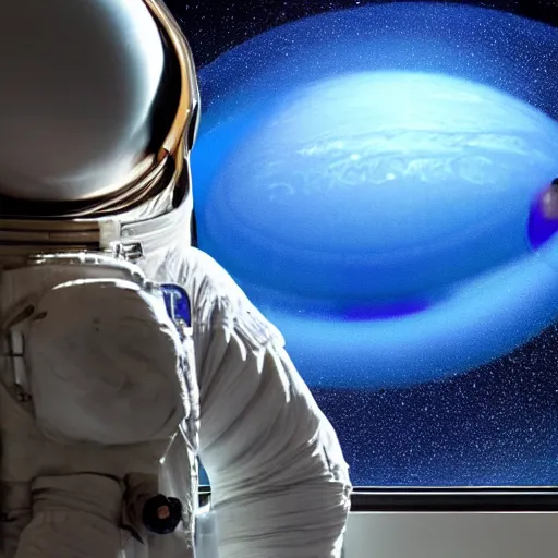 Image similar to astronaut looking at neptune through a spacecraft window