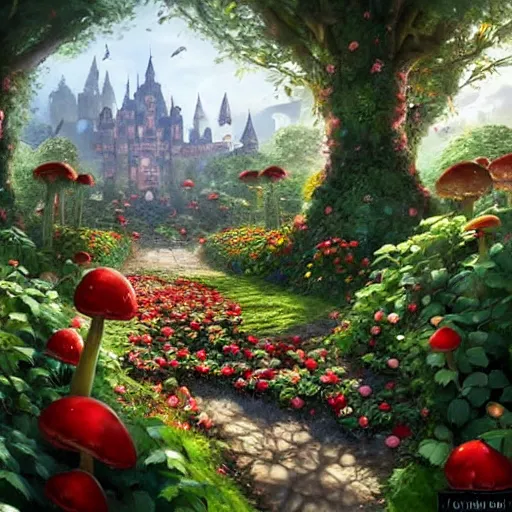 Prompt: portrait of Mario, walking through a garden of exotic flowers in the Mushroom Kingdom, giant red and white spotted mushrooms, and roses, from behind, Castle in distance, birds in the sky, sunlight and rays of light shining through trees, beautiful, solarpunk!!!, highly detailed, digital painting by Michael Garmash and Peter Mohrbacher