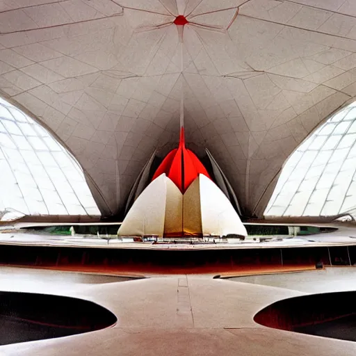 Image similar to futuristic lotus temple space station with gold, red and white marble panels, by zaha hadid and buckminster fuller and syd mead, intricate contemporary architecture, photo journalism, photography, cinematic, national geographic photoshoot