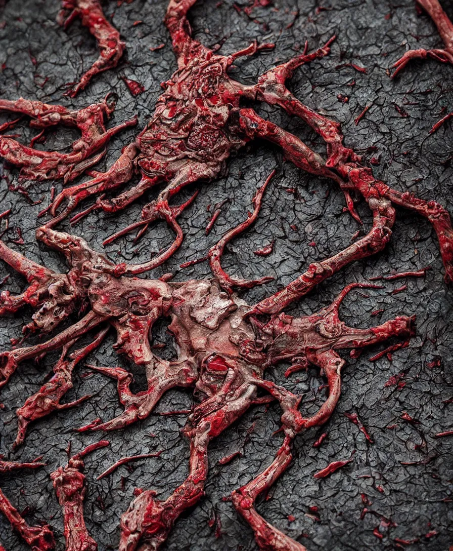 Prompt: hyper realistic macro close up blood and bones on tar, art by greg rutkowski, intricate, ultra detailed, photorealistic, vibrante colors, trending on artstation, octane render, 4 k, 8 k