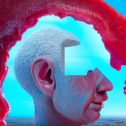 Image similar to a giant human head sculpture in the sea made out of juicy and transparent red jelly, looking like benjamin netanyahu, long shot, hyper detailed, hyper realistic, ray tracing, 8 k resolution, sharp focus, realistic water, award winning