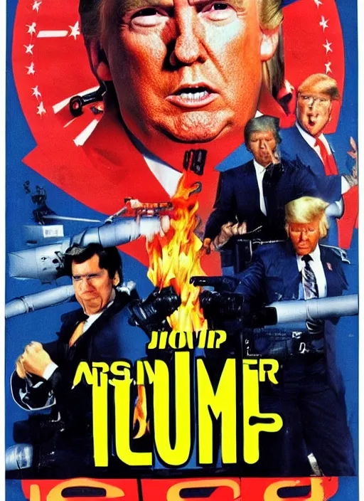 Prompt: an 8 0's john alvin action movie poster of donald trump starring in trumpster fire. dumpster explosions.