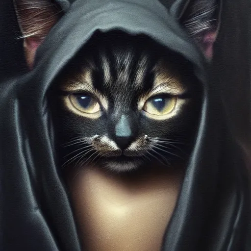 Image similar to a portrait of a kitten wearing a black hood, cloak covering face, anatomically correct, beautiful perfect face, enigmatic, oil painting, matte, black background, Volumetric dynamic lighting, Highly Detailed, Cinematic Lighting, Unreal Engine, 8k, HD, by Beksinski