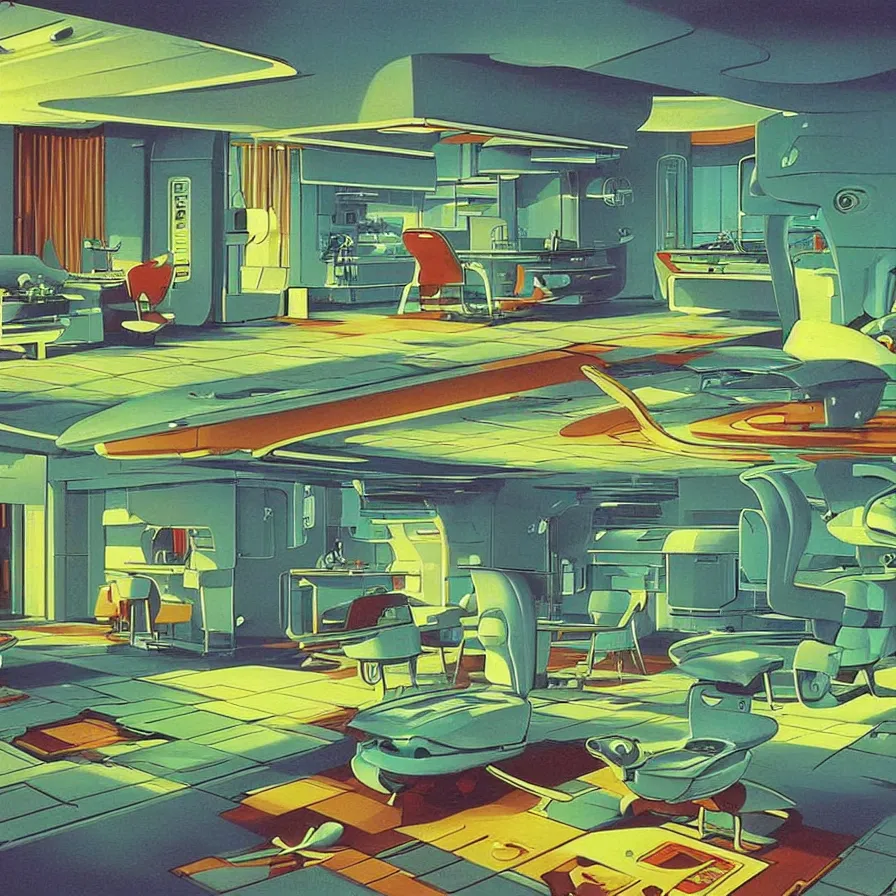 Prompt: concept art of jetsons cartoon indoor scenario of a futuristic house, painted by tim white