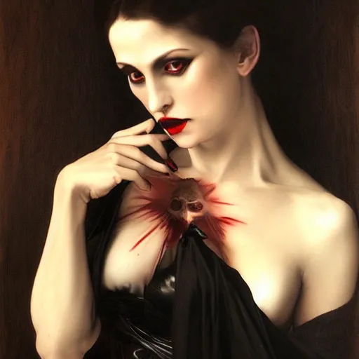 Image similar to Demonic beautiful vampire woman mistress of death mourning widow vintage gown with a faint smile dark lipstick, emerging from dark fog and smoke, colourful trending artstation, detailed portrait academic caravaggio Bouguereau, sharp focus medium shot