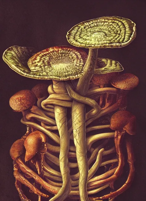 Image similar to magic mushroom with translucent skin, visible muscles and veins and arteries and bones and spines and nerves, beautiful detailed intricate insanely detailed octane render, 8k artistic photography, photorealistic, chiaroscuro, by David Cronenberg, Raphael, Caravaggio