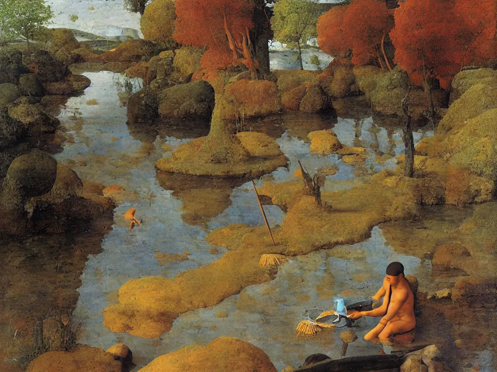 Image similar to Portrait of a painter washing his brush in a river. Humanoid rocks, coral-like pebbles, autumn light. Painting by Jan van Eyck, Roger Dean, Beksinski, Piero della Francesca