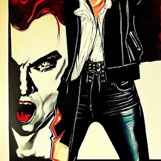 Prompt: Rafael Albuquerque art, Norman Rockwell, pretty Margot Robbie vampire, sharp teeth evil smile, holding handgun, symmetrical face symmetrical eyes, leather jacket, jeans, realistic hands