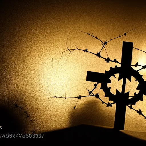 Image similar to photograph of a crown of thorns, dramatic lighting, red hues, silhouette of a cross, award winning photography, DSLR, wallpaper