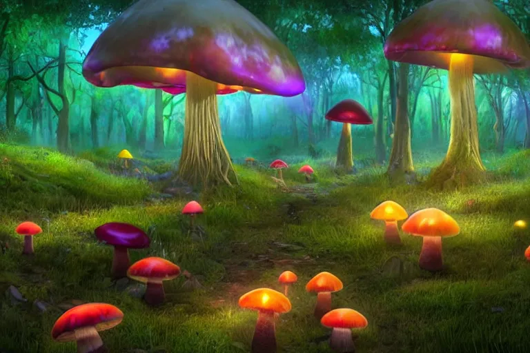 Image similar to A Pug walking in an enchanted fantasy forest. Glowing mushrooms. Colorful. Cinematic lighting. Photorealism.