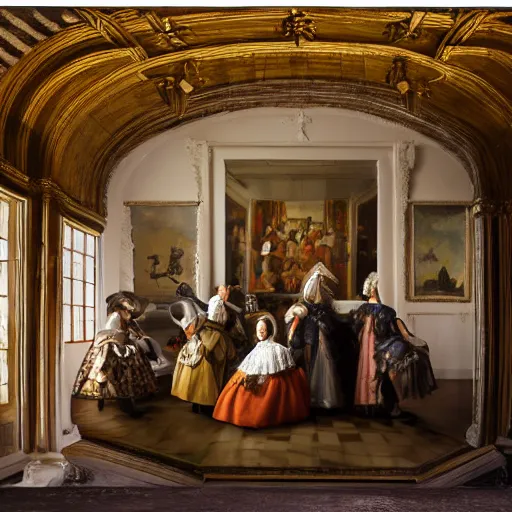 Image similar to family portrait in the main room of the castle painted in 1 6 5 6, dark room, one point of light coming through one big window inspired by las meninas, spaces between subjects and good detail and realistic face form for each person in the canva, inspired by diego velasquez better quiality