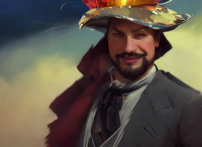 Prompt: fantasy art smug smile man, fancy flashy hat, colorful rich fantasy clothing, sharp fashion, slick hair, oil painting, hd, character portrait, artstation, n. c. wyeth, sargent, greg rutkowski, no beard, hq, white small hat,