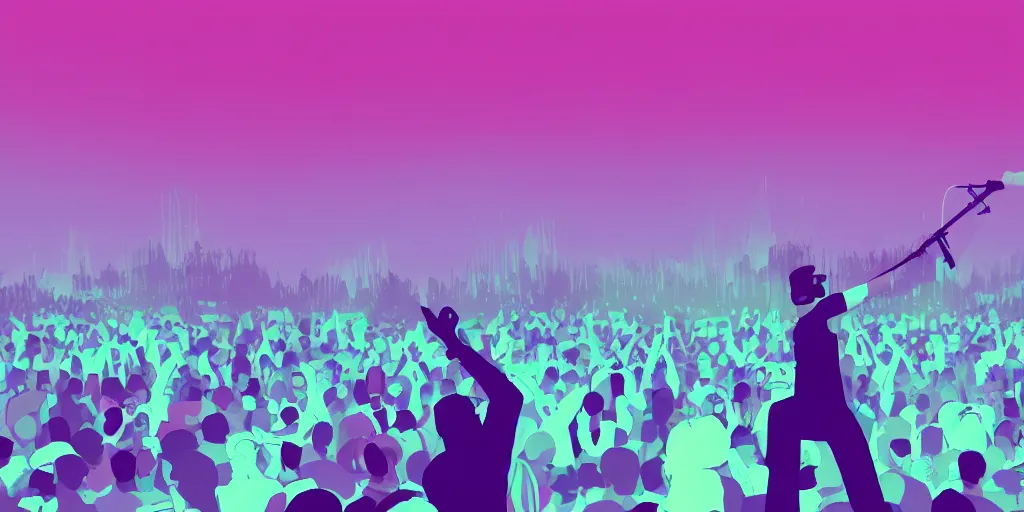 Prompt: rapping into microphone, silhouette, huge crowd, outrun, hip hop, simple shapes, Aurora borealis, trending on Artstation, professional artist, detailed, 4k