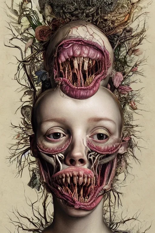 Image similar to Detailed maximalist portrait with large lips and eyes, scared expression, botanical anatomy, skeletal with extra flesh, HD mixed media, 3D collage, highly detailed and intricate, surreal illustration in the style of Jenny Saville, dark art, baroque, centred in image, rendered in octane