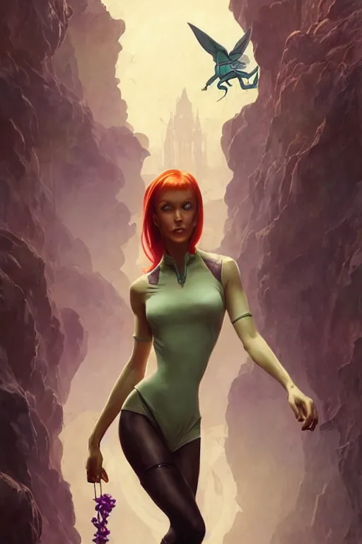 Image similar to aeon flux as Daphne Scooby doo picture by Greg Rutkowski, dynamic pose, matte painting, intricate, fantasy concept art, elegant, by Stanley Artgerm Lau, WLOP, golden ratio, thomas kindkade, alphonse mucha, loish, Peter chung, norman Rockwell,