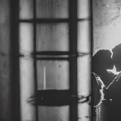 Image similar to a dark photo of two shadowy figures hugging each other in a birdcage in an abandoned hall, paint is falling off, black and white, 5 0 mm