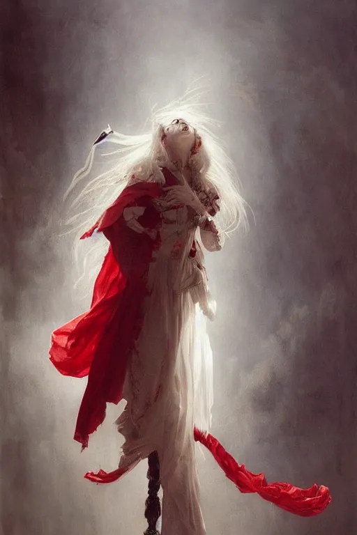 Image similar to a vampire with long light white hair and a red scarf, windy, ribbons, melancholic, modern maximalist fashion dress, is ( ( holding a sword ) ). light dust, magnificent, hyperdetailed, theatrical, painted by jean honore fragonard and greg rutkowski