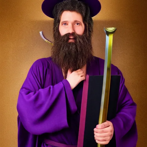 Prompt: wizard with a long white beard in a dark purple robe holding a katana book cover