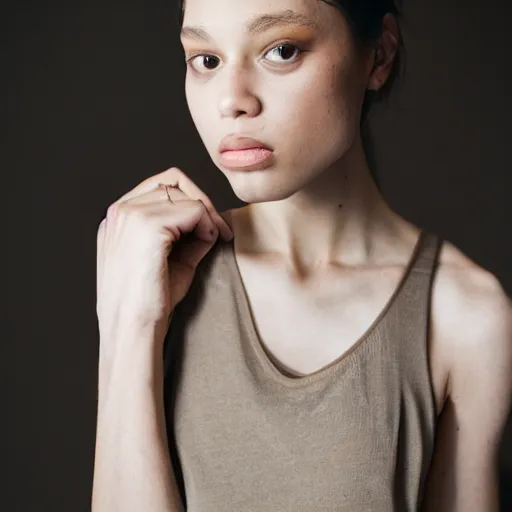 Image similar to realistic photoshooting for a new heliot emil lookbook color film photography portrait of a beautiful woman model wearing a taupe pelagia tank top, photo in style of tyler mitchell