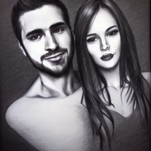 Prompt: pencil art. good looking man and beautiful woman in love. self portrait.