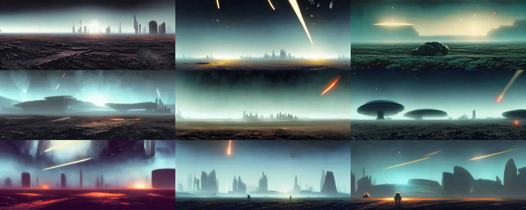 Image similar to a gorgeous bleak and desolate sci - fi painting by john harris, sparth and greg rutkowski. meteorite falling!! tiffany blue, grey orange, white and golden. sci - fi road to epic huge space base, beyond the horizon, future city skyline!! light effect. huge saturn. ultra clear detailed!! 3 d, octane render. 8 k