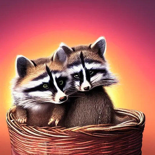 Prompt: a beautiful and realistic picture of a cat and a raccoon cuddling in a basket with a red sunset behind, photo realistic 4K, shot with a 35mm, very detailled, trending on Artstation