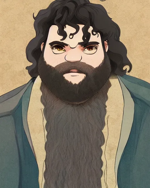 Image similar to Rubeus Hagrid in anime style, portrait of fantasy man, detailed realistic beautiful, lofi colors, smooth, artistic, mellow and soft, sharpen high quality, in style of Ghibli