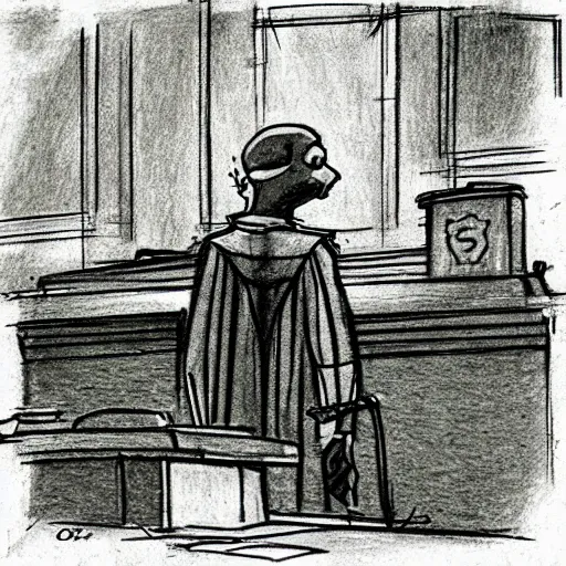 Prompt: “courtroom sketch of Shrek on trial for murder”