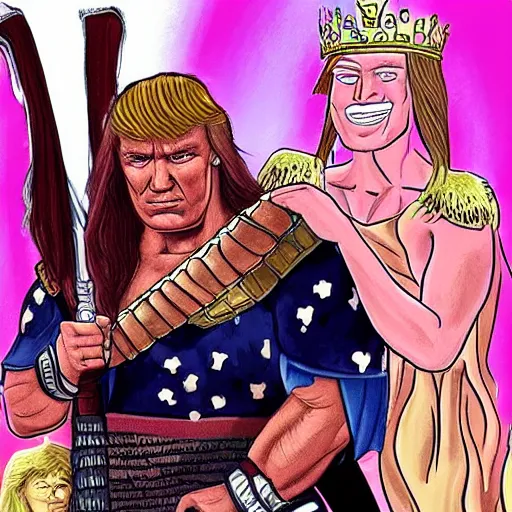 Image similar to vladimir putin as conan the barbarian holding donald trump as a princess wearing a pink dress. realistic.