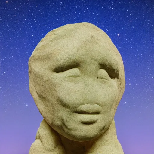 Image similar to by brothers grimm vaporwave. a art installation of a large granite boulder carved to resemble a human face. the nose is slightly upturned, & the eyes & mouth are closed.
