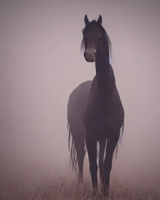 Image similar to photo of a demonic horse, with an emaciated skinny human body. it has albino skin, long shiny black hair and red glowing eyes, it is wearing a long black silk nightgown, moody, foggy and atmospheric, golden hour, soft focus, horror