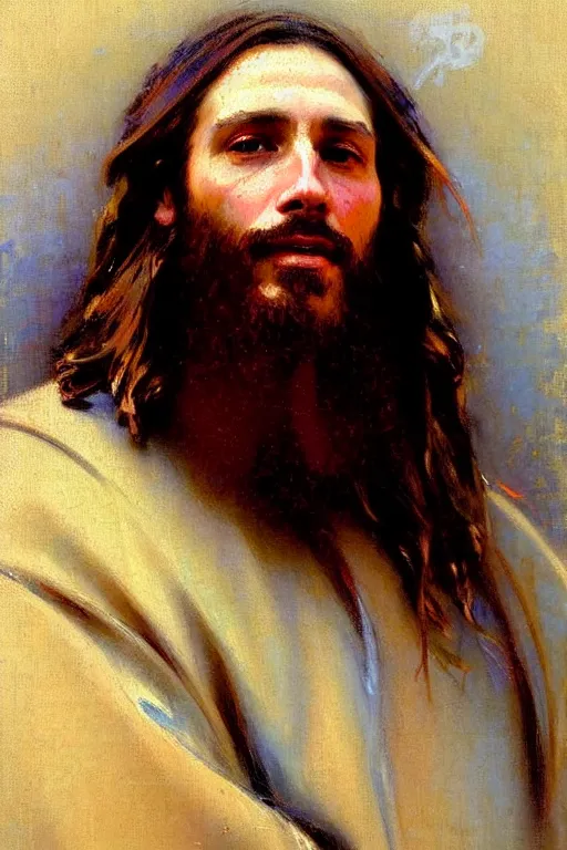 Image similar to impressionist brushstrokes!!!!!!!!! solomon joseph solomon and richard schmid and jeremy lipking victorian loose genre loose painting full length portrait painting of jesus with a slight smile happy inviting