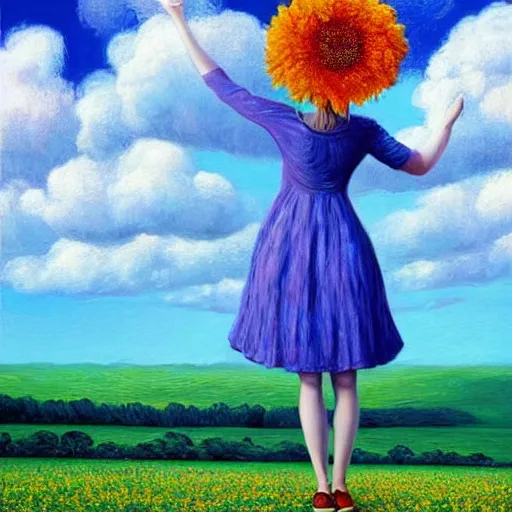 Image similar to giant flower head, frontal, woman standing in field, surreal photography, colorful clouds, impressionist painting, digital painting, artstation, rob gonsalves