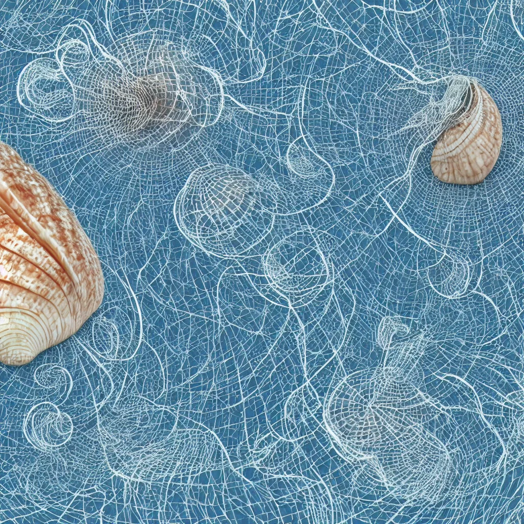 Image similar to geometric complex sea shell by ernst haeckel, modeled in 3 d, closeup, cinema 4 d render, beach sad background, clear focus, very coherent, very detailed