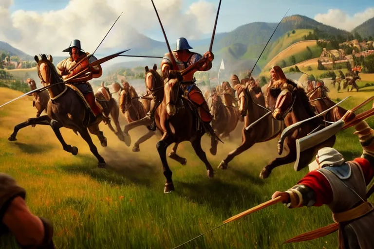 Image similar to ( ( a beautiful 8 k photorealistic masterpiece oil painting ) ( of ( man running for his life in the age of empires 2 game ) ( knights and archers try to kill him ) ) ( hyperrealism ) ( 1 6 k ) ( trending on artstation )