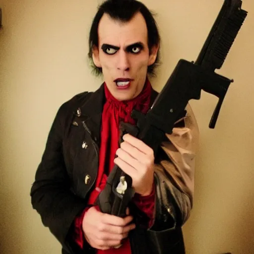 Prompt: This is one of the best Vampires-Holding-Guns I've ever met in the backrooms of Starbucks