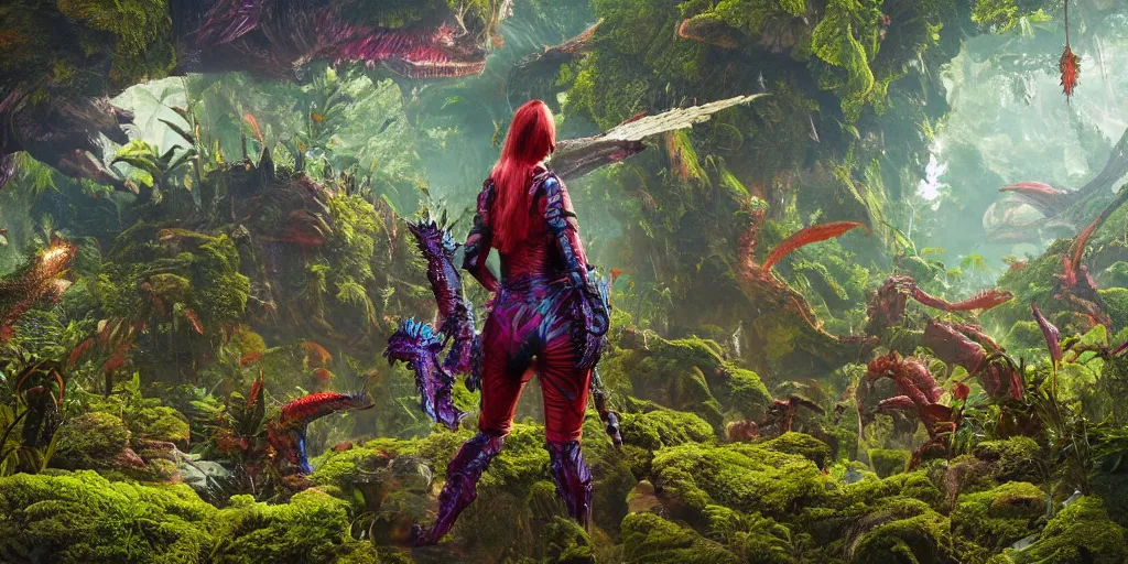 Image similar to explorer woman walking in dragon armour, walking in a dense alien jungle with colourful red, blue and purple plants, large vines, mossy organic rock structures, in the style of monster hunter world, like concept art on artstation, hyperdetailed, vray render, octane render,