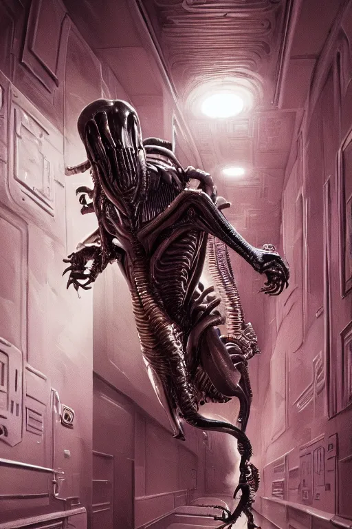 Prompt: ultra realist and ultra intricate detailed soft painting of a metal xenomorph fighting a Predator in a futuristic hallway, sensual gloomy style, volumetric clouds, artstation, unreal render, depth of field