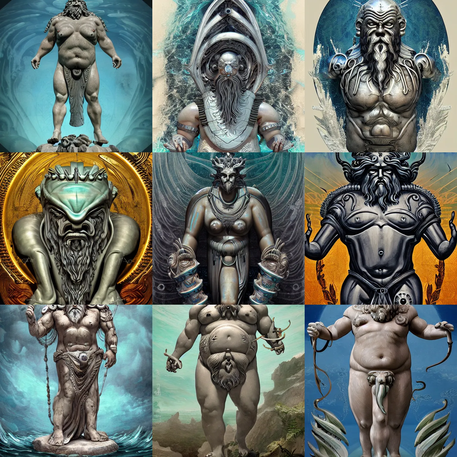 Prompt: fat greek god poseidon with white beard in ancient alien flora and fauna ocean sci-fi armor with ancient art-deco decor, giger style, stylized, highly detailed, trending on artstation, award winning