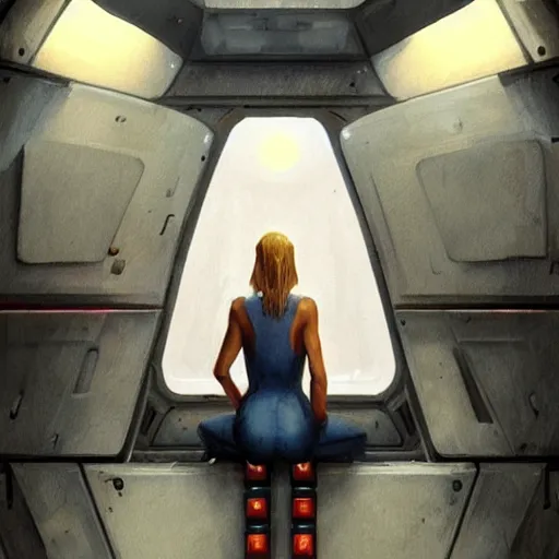 Image similar to concept art by greg rutkowski, a very tall, and slender blonde woman, wearing blue utilitarian jumpsuit, sitting in the spaceship command bridge, brutalist futuristic interior, dark lighting atmosphere, detailed portraits, nostalgic atmosphere, scifi, digital painting, artstation, concept art, smooth, sharp foccus ilustration, artstation hq