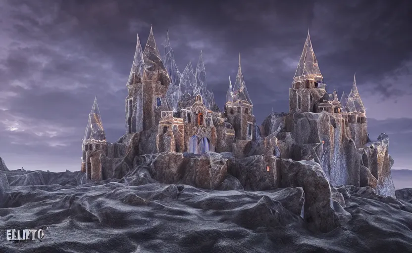 Prompt: medieval baroque castle made of crystal shards, epic landscape, iceland photography, cinematic, octane render, 8 k, art station, dramatic lighting, beautiful dusk sky, concept art, rococo, photo realistic, intense detail