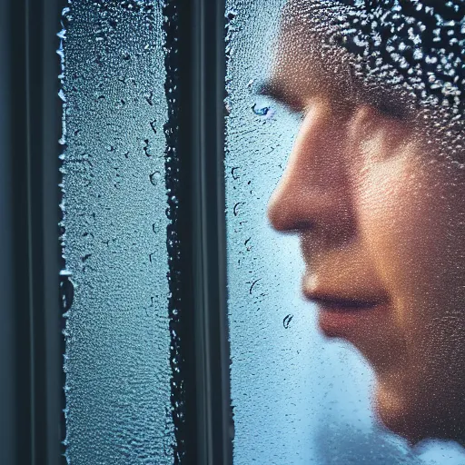 Prompt: diffuse portrait of person's face reflected in a window facing out on a rainy evening.