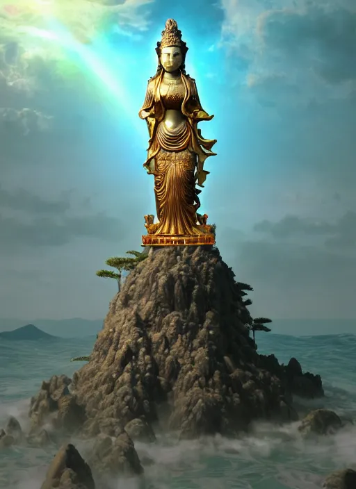 Image similar to guanyin stand on big loutus, a godness of the southern seas, a realistic setting with muted colors, visual novel cover, by yoshitaka amano, zeng fanzhi, jane hamilton, tiffany studios, sunrays shine uponit, frostbite 3 engine, cryengine, dof, trending on artstation, digital art, fantasy detailed background