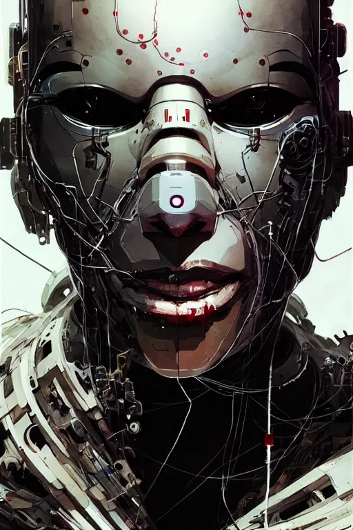 Prompt: cyborg removing its human mask revealing wires and gears behind its fragile looking face, white mask, futuristic, y2k aesthetic, dramatic lighting, illustration by Greg rutkowski, yoji shinkawa, 4k, digital art, concept art, trending on artstation