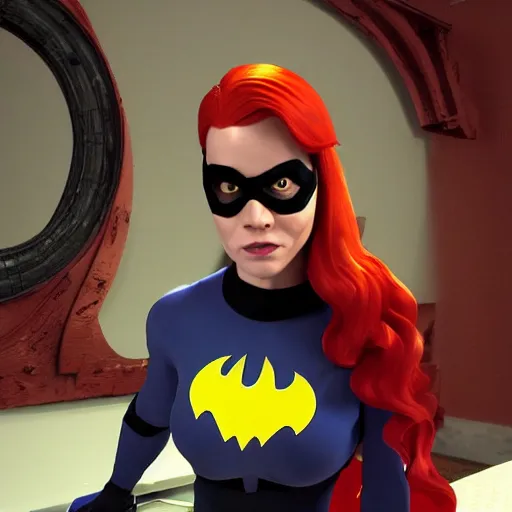 Image similar to Barbara Gordon with her Batgirl mask off gorgeous face and dark red hair with her Superhero outfit half unzipped 8k ultra realistic